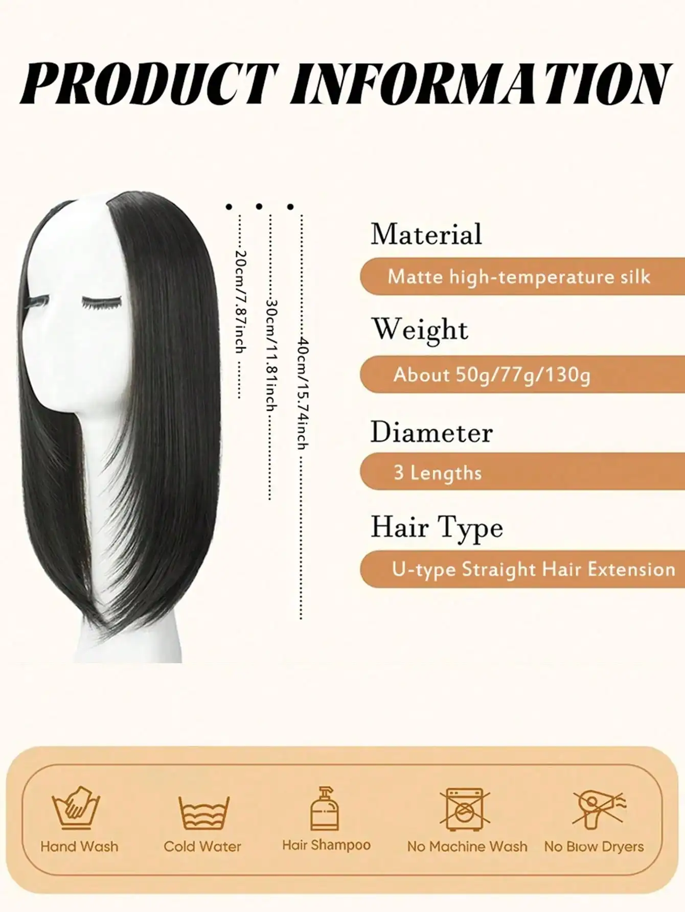 OLACARE Synthetic Long Straight U-Shaped Half Head Wig for Women Brown Black Clips in Hair Extension Natural Fake Hairpieces