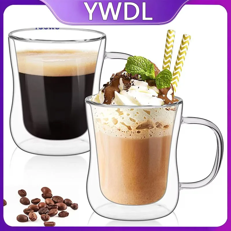 YWDL 1-4 Stück Doppelwandige Glas-Espressotassen Klare Kaffeetassen mit Henkel für Heiße und Kalte Getränke Wein Milch Saft Trinkgeschirr-Set