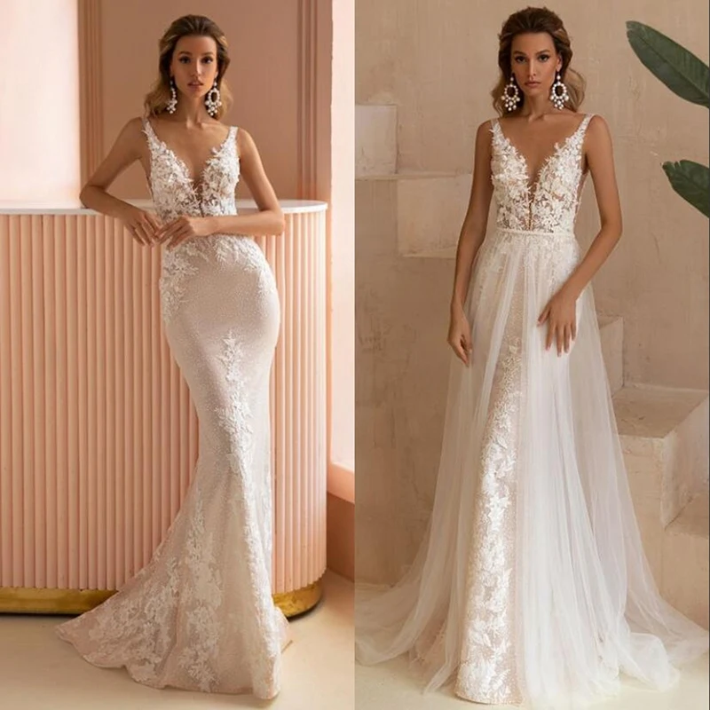 New Arrival Elegant Mermaid Lace Wedding Dresses V-Neck Detachable Train Backless Vestidos De Novia Tulle Appliques Bride Gowns