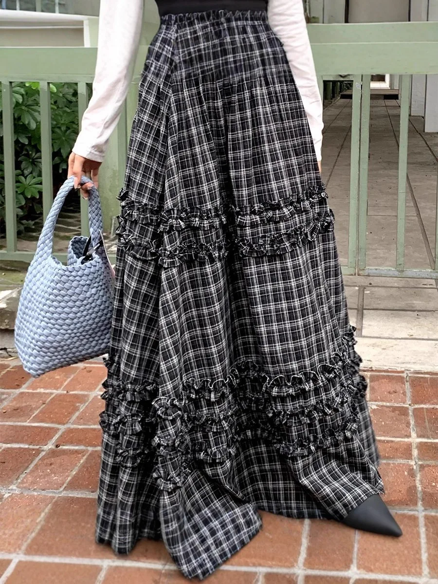 

Korean Sle High Waist Plaid Black Skirt Women's New Dstring Versatile Slim Midi A-line Skirt Commute Ruffled Tiered Cake Skirt