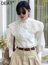 DEAT Fashion Women's Shirt Large O-neck Loose Single Braested Long Sleeve Pleated Flower Blouse Spring 2024 New Tide 7AB3229