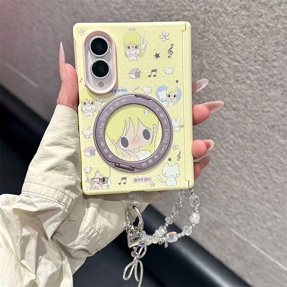 Kawaii Cartoon Angel Girl Magnetic Phone Cover For Samsung Galaxy Z Fold 8 Rotatable Ring Holder Bow Shockproof Foldable Cases