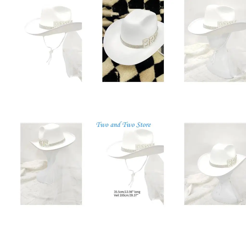 

HX6F Female Cowgirl Hat with Veil Bridal Shower Cap Wide Brimmed Bridesmaids Headwear