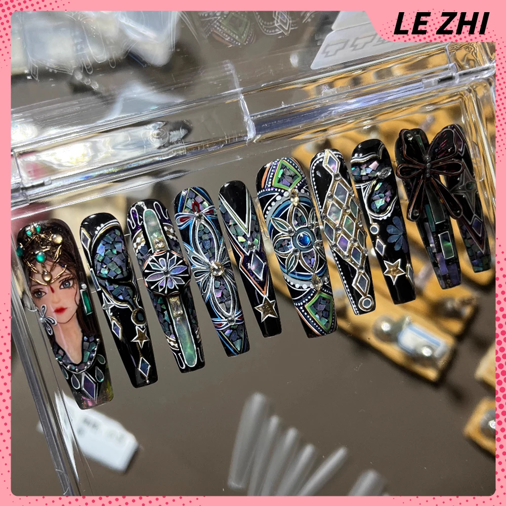 

Luxury Court Long Coffin Stiletto Handmade Reusable Nails Party Stickers Hand-Drawn Girl Figure Sequins Diamond Press On Nails