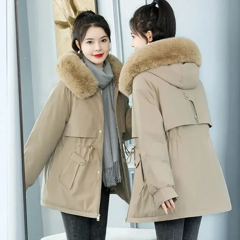 Parka à capuche avec doublure en laine et col en fourrure pour femme, manteau long, veste chaude, vêtements de neige, vêtements rembourrés, optique, hiver, nouveau, 2022