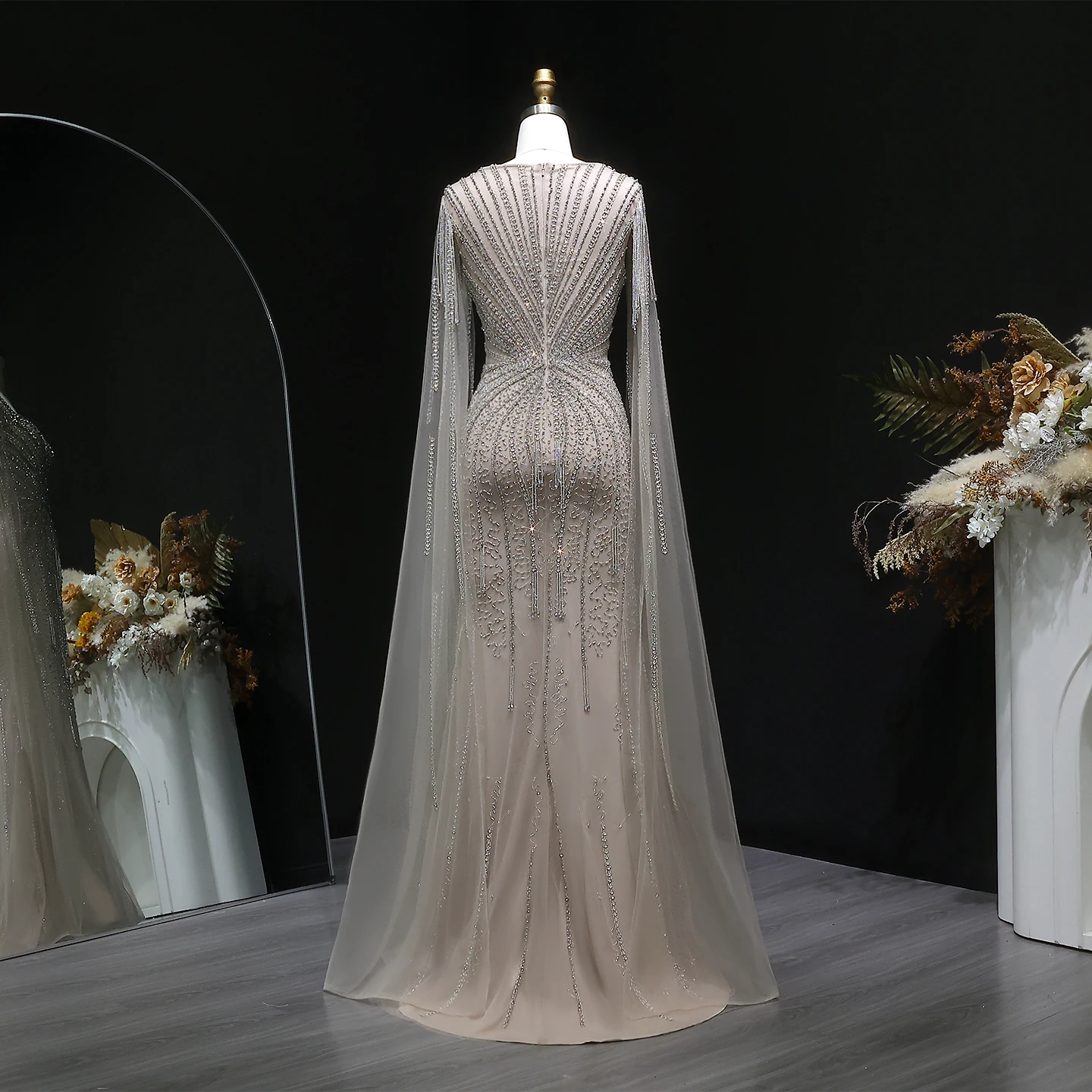 Sharon Said Dubai Luxuriöses Champagner-Meerjungfrauenkleid mit Cape-Ärmeln für Damen, Hochzeitsfeier, Ballkleider SS024, Maßanfertigung – Detail 12