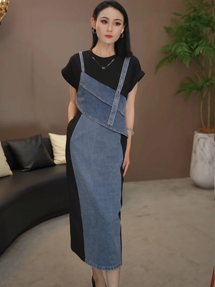 2024 Fake 2-Piece Stitching Denim Dress Women's Summer New Contrast Color Double-Layer Ruffled Slit Commuter Long Strap Frock