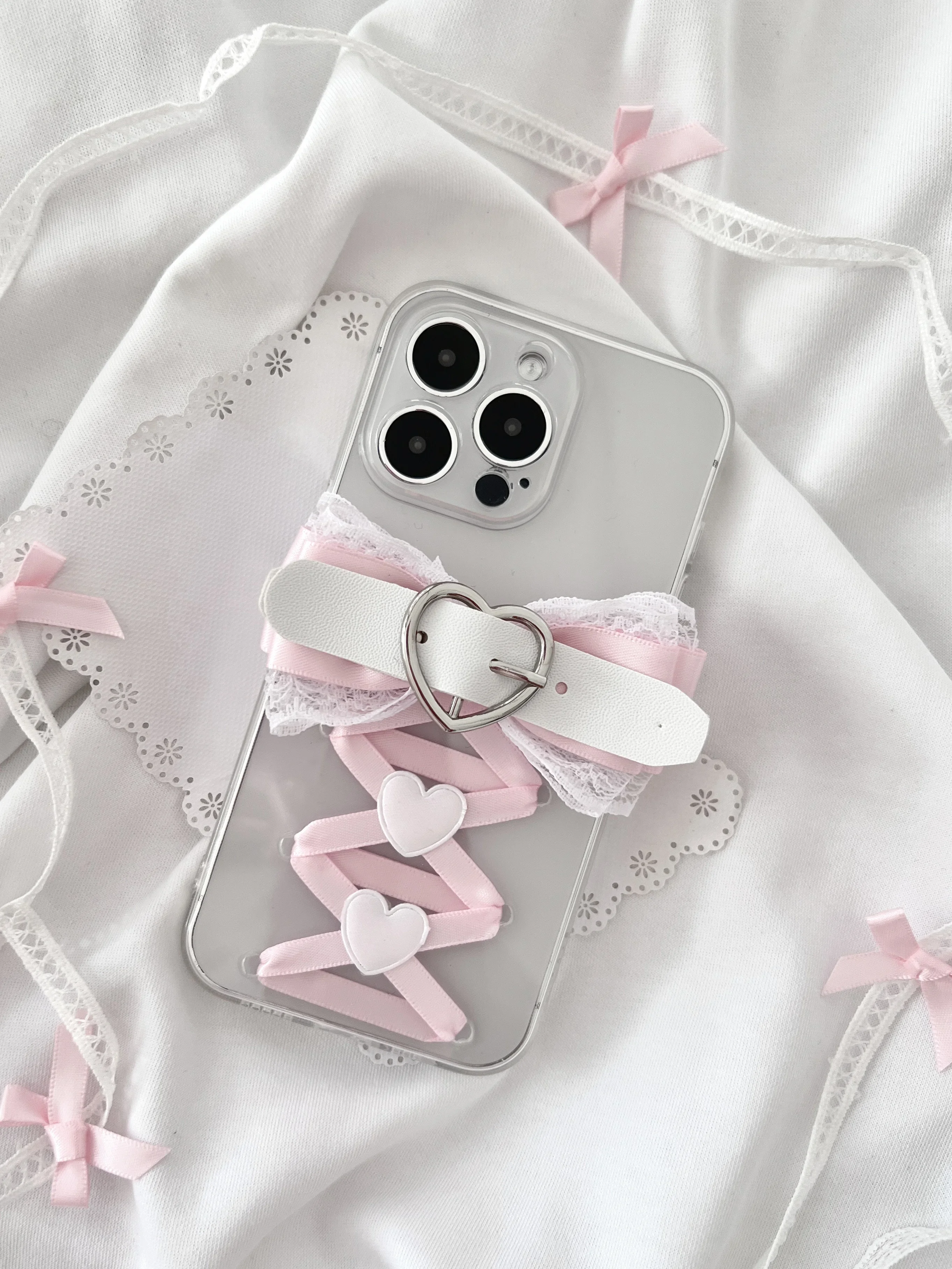 Dophee Original Sweet Girl Lace Bow Love Buckle 15 16 Pro Phone Cover Cool Hottie Y2K iPhone15promax Case Transparent Soft Shell