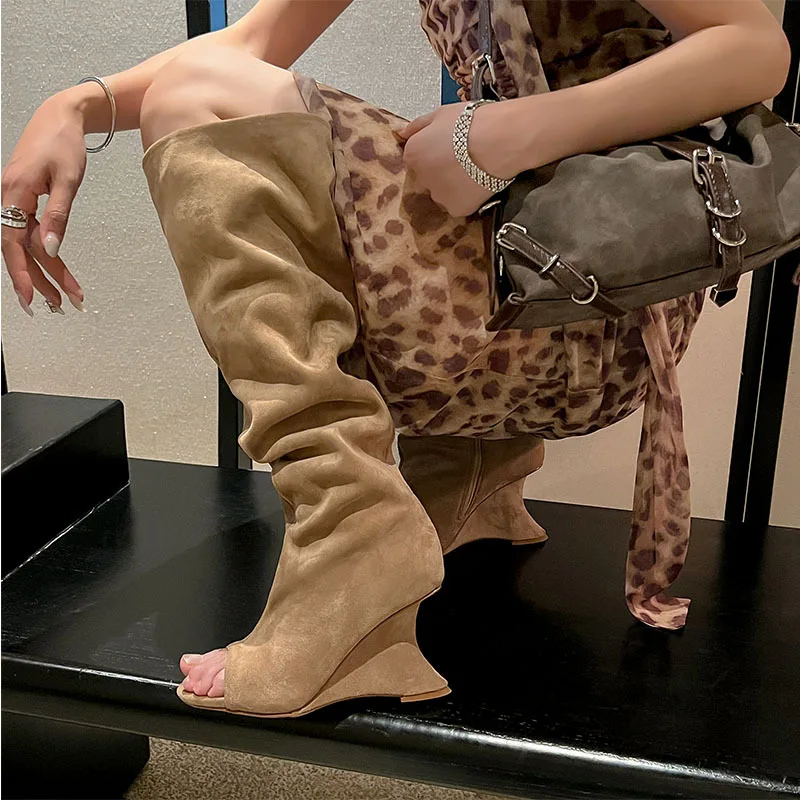 

Europe And America Women's Suede Peep Toe Knee High Boots Wedge Heel Stylish Unique Trendy Autumn/Winter Footwear