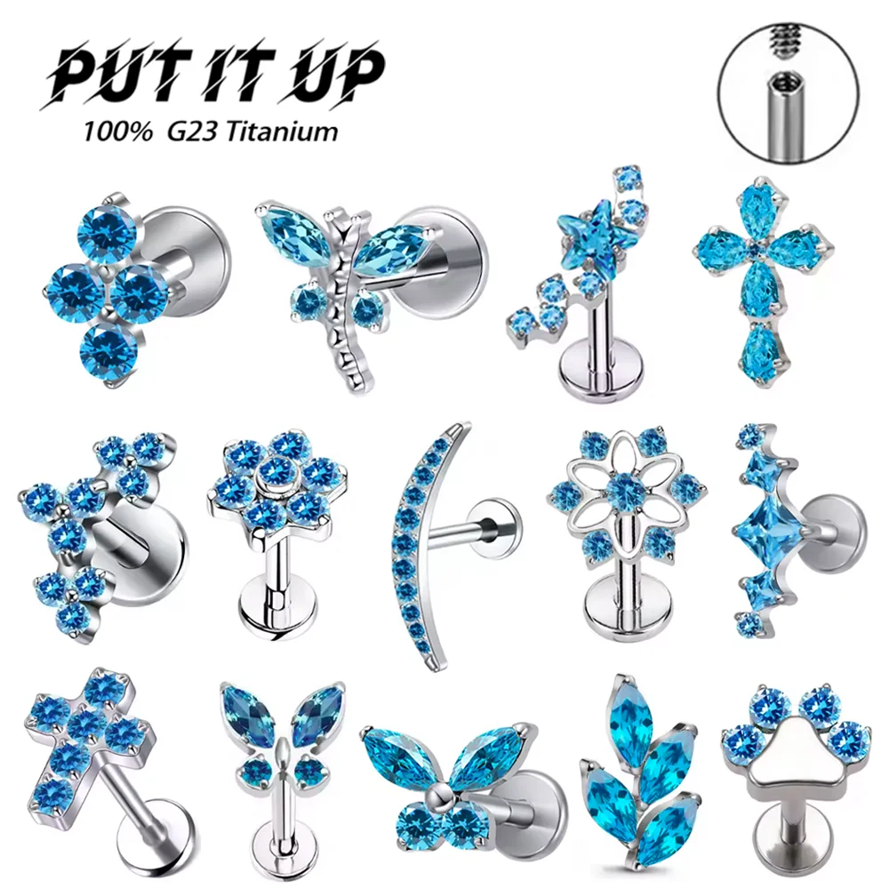 PUTITUP Official Trendy ASTM F136 Titanium Blue Zirconia Ear Stud Set Statement Ear Cartilage Lip Stud Body Piercing Jewelry