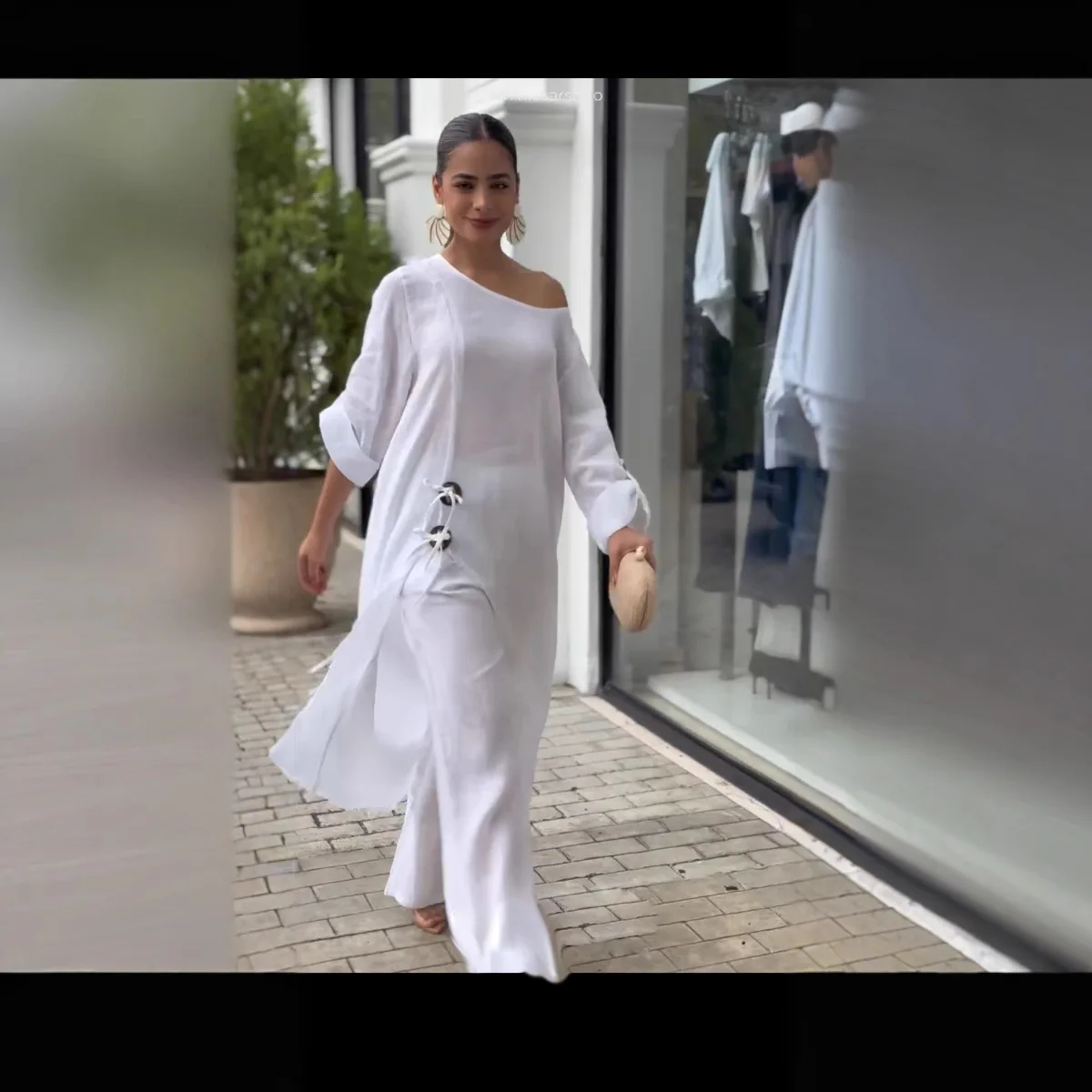 

Весенне-летний свободный длинный халат и брюки с деревянной пряжкой для европейской и американской модной женской одежды