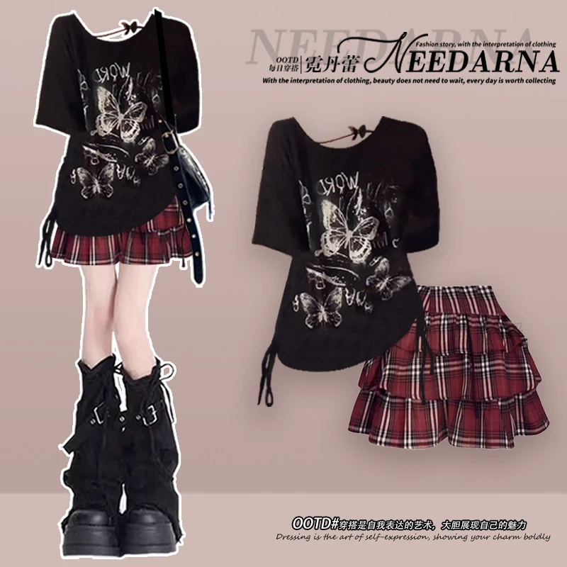 2025 Summer New Spice Girl Crew Neck T-shirt Top High Waist Plaid Short Print Skirt Cool Short-sleeved Versatile Short Skirt