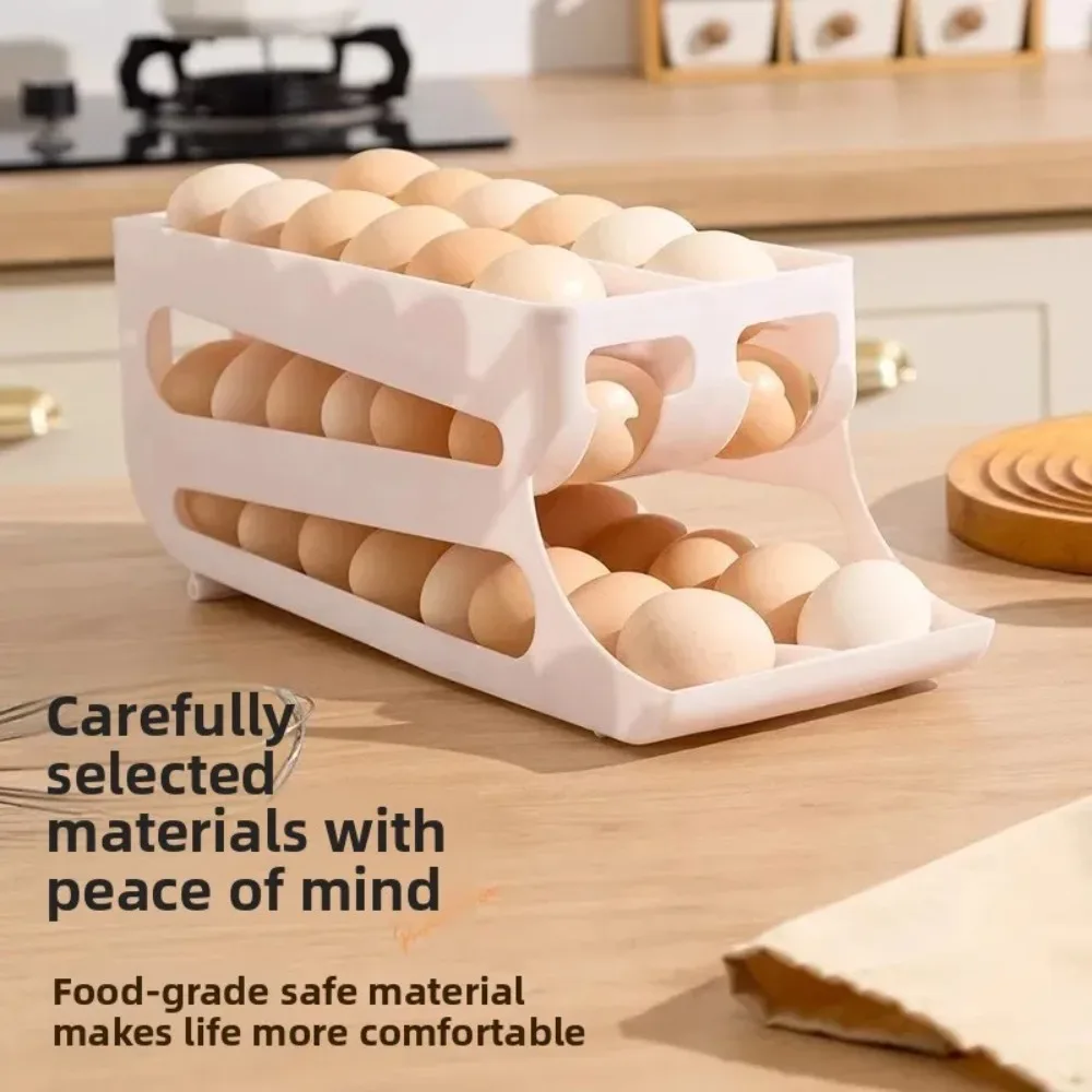 3 Tier Yellow Egg Organizer Holds 60 Eggs Auto Roll Design Space Saving Fridge Storage Sturdy Easy Clean for Kitchen Home