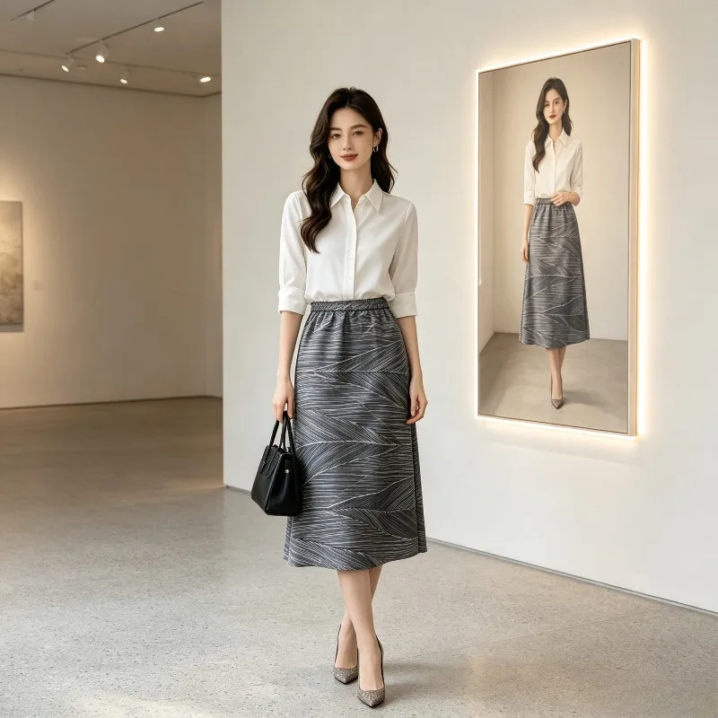 Miyake Pleated 2026 Twill Pleated Elegant High-Waisted Commuter Versatile Temperament Solid Color Draped Mid-Length Skirt Pleat