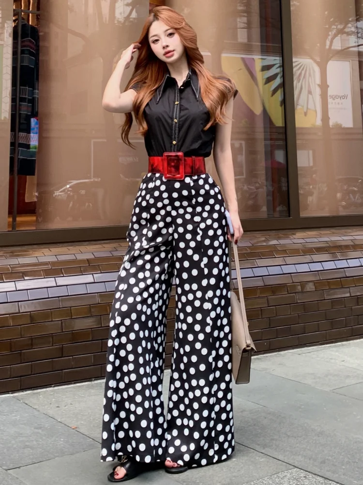 ADAgirl Vintage Black Polo Shirts for Women Sleeveless Button Up Blouse Polka Dot Wide Leg Trousers Two Piece Sets Outifits Chic