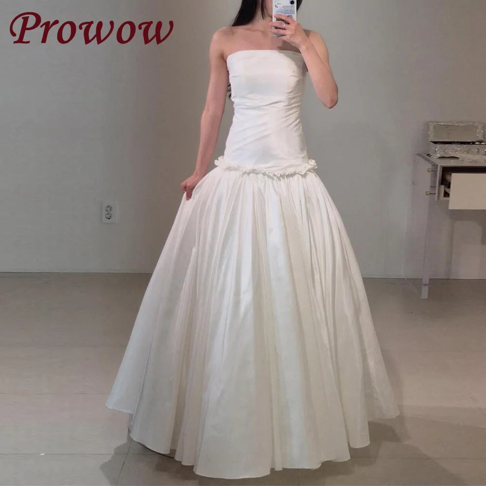 

Prowow Simple Strapless A Line Wedding Dress Pleats Taffeta Sleeveless Bridal Gown Customized 웨딩드레스 Korea Snapshots