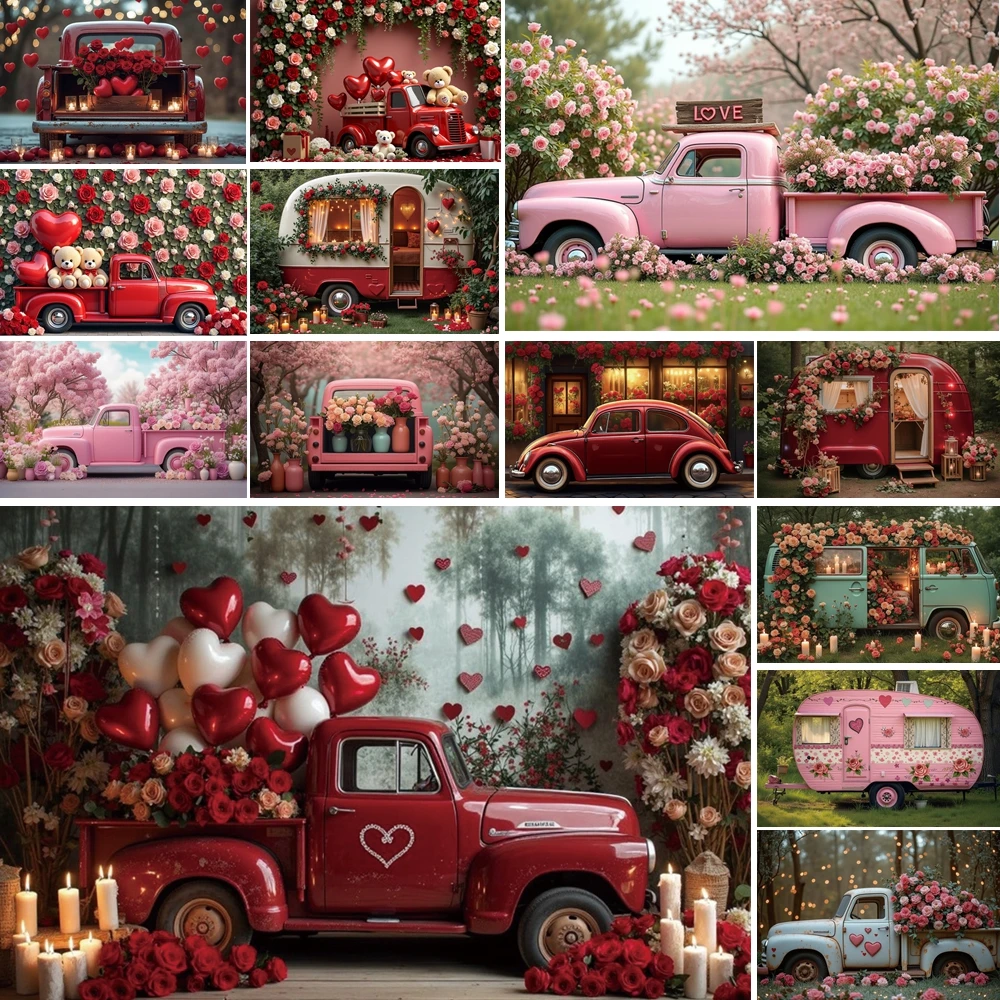 

MOON.QG February 14 Decoration Backdrop Red Pink Car Rose Wreath Valentines Day Photo Background Photocall Poster Wallpaper