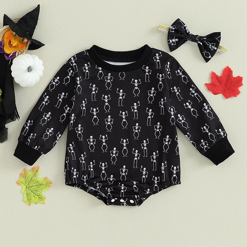 

2023-07-16 Lioraitiin 0-24M Infant Baby Girls 2Pcs Halloween Outfits Long Sleeve Skeleton Print Bodysuit with Bow Headband Set