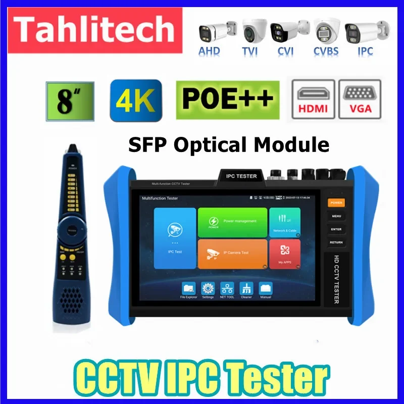 

2024 New 8-Inch 4K CCTV Tester Monitor 4K H.265 CCTV AHD CVI TVI IP Camera Tester IPC Tester POE++ SFP Optical Module VGA HDMI