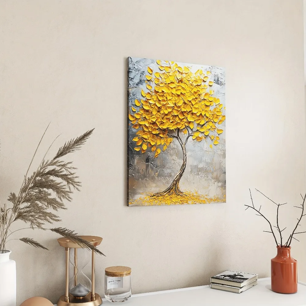 

A frameless modern abstract tree-shaped mural in gold leaf, upholstery, 1.5 inch thick pine solid wood frame