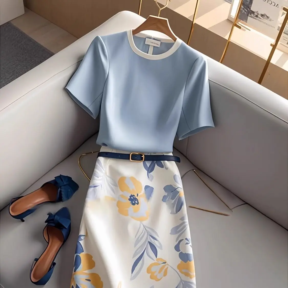

French Temperament Short Sleeve Printed Skirt Two-piece Women's Summer New High Quality Fashion Dress Set