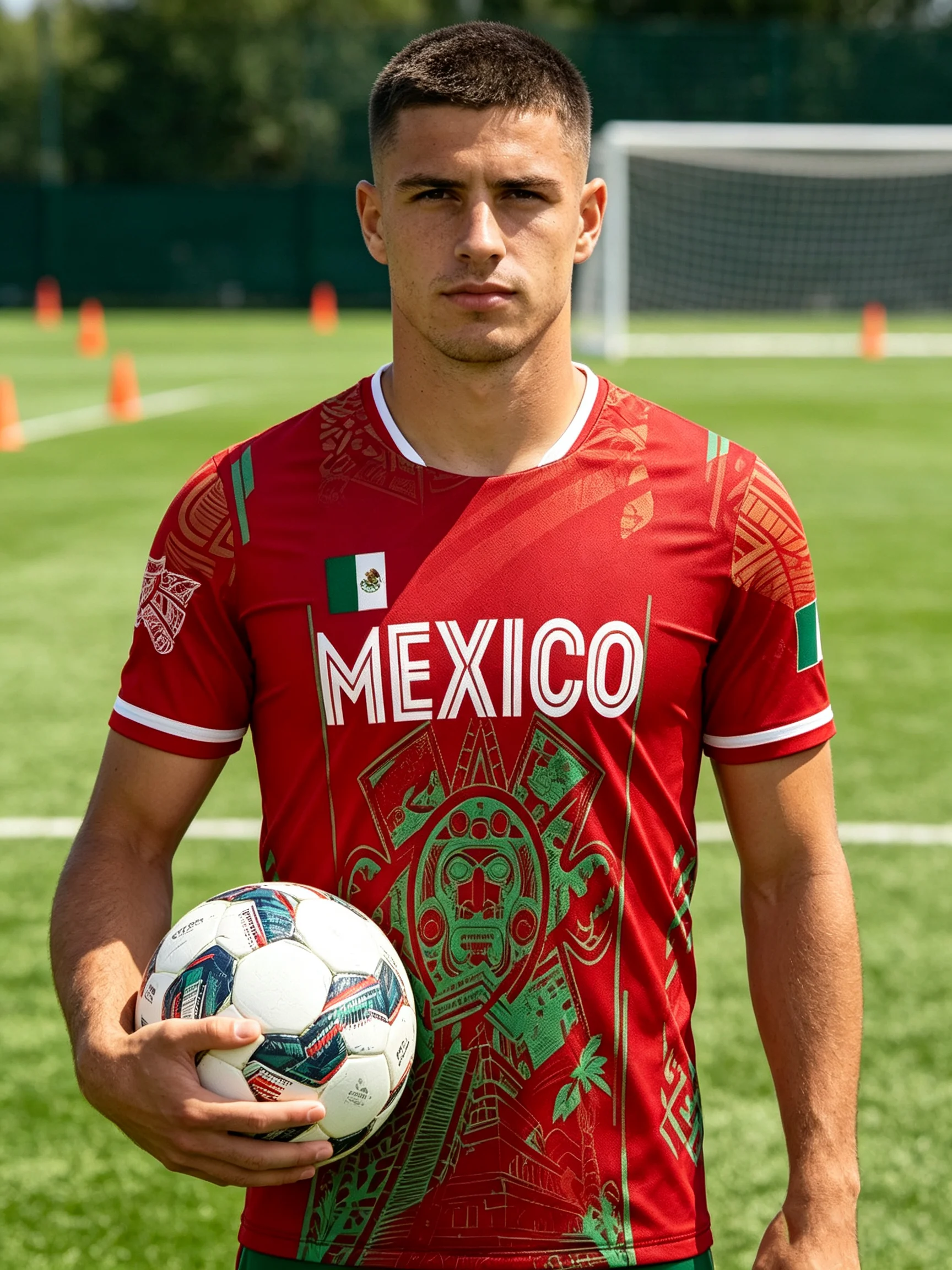 Bright‑red Mexico soccer jersey covered with vintage Aztec totems, white‑trimmed cuffs and shoulder flag badge
