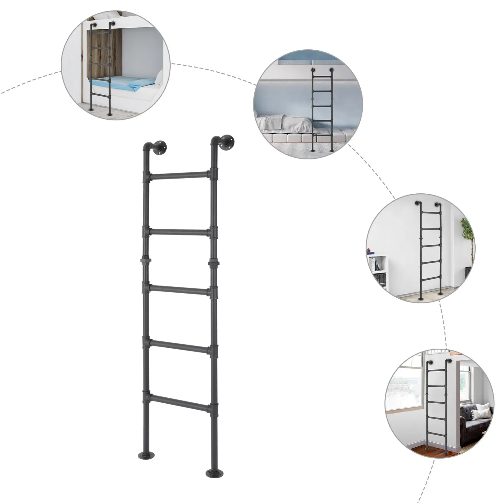 170Cm/70In Basement Window Well Egress Ladder, Easy Install, Durable & Safe Black Carbon Steel Attic Bunk Bed Ladder, 5-Step Wall
