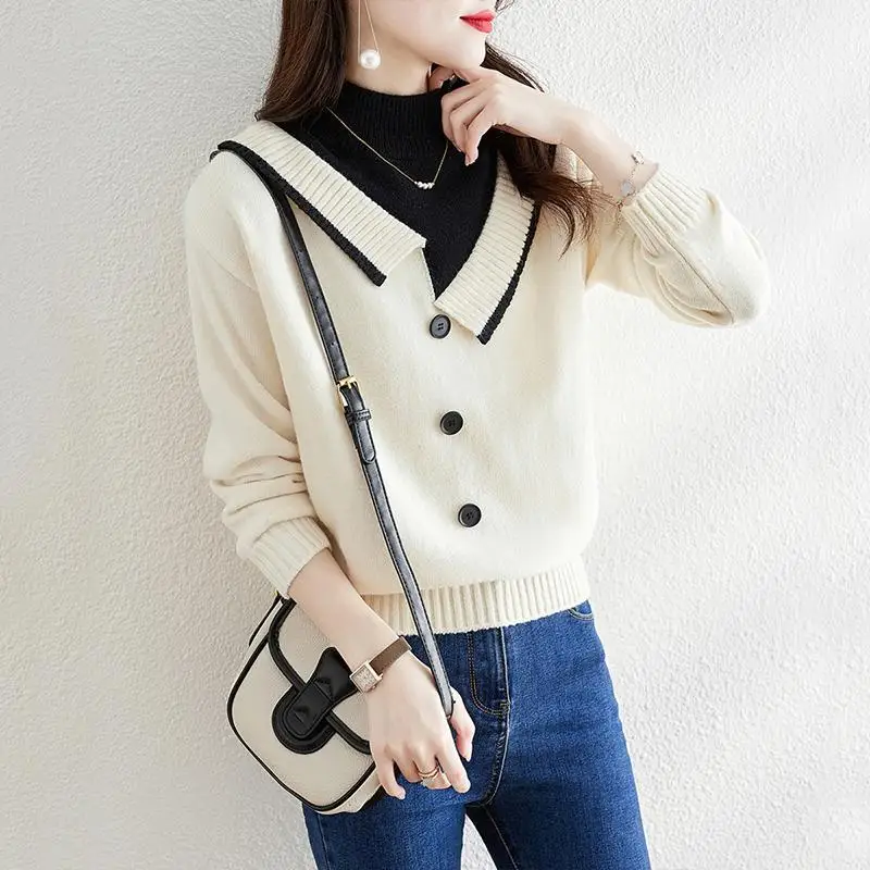 Chic Fake Two Piece Contrast Button Knit Bottoming Shirt Autumn and Winter Half High Neck Pullover Loose Inner Layer Sweater