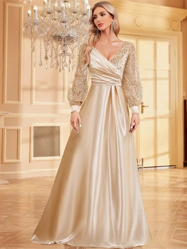 

Шелковое платье с бусинами, длинное платье для выпускного вечера для женщин, вечернее бальное платье с v-образным вырезом и v-образным вырезом