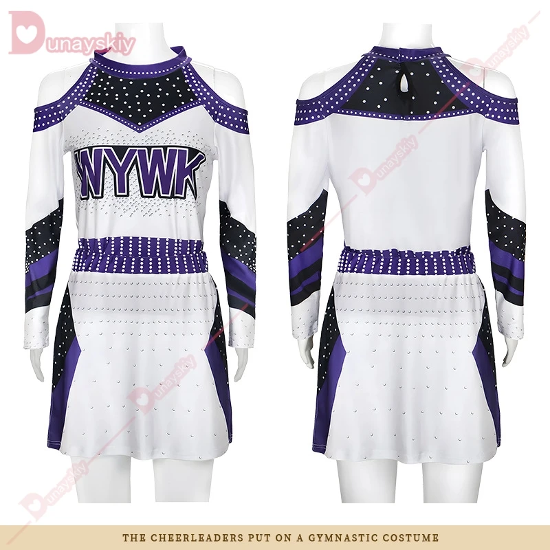 Vestito da cheerleader da donna Costume da ballo cosplay per ragazze della scuola sexy Abbigliamento da ballo Mini abito a pieghe da competizione con diamanti caldi per adulti