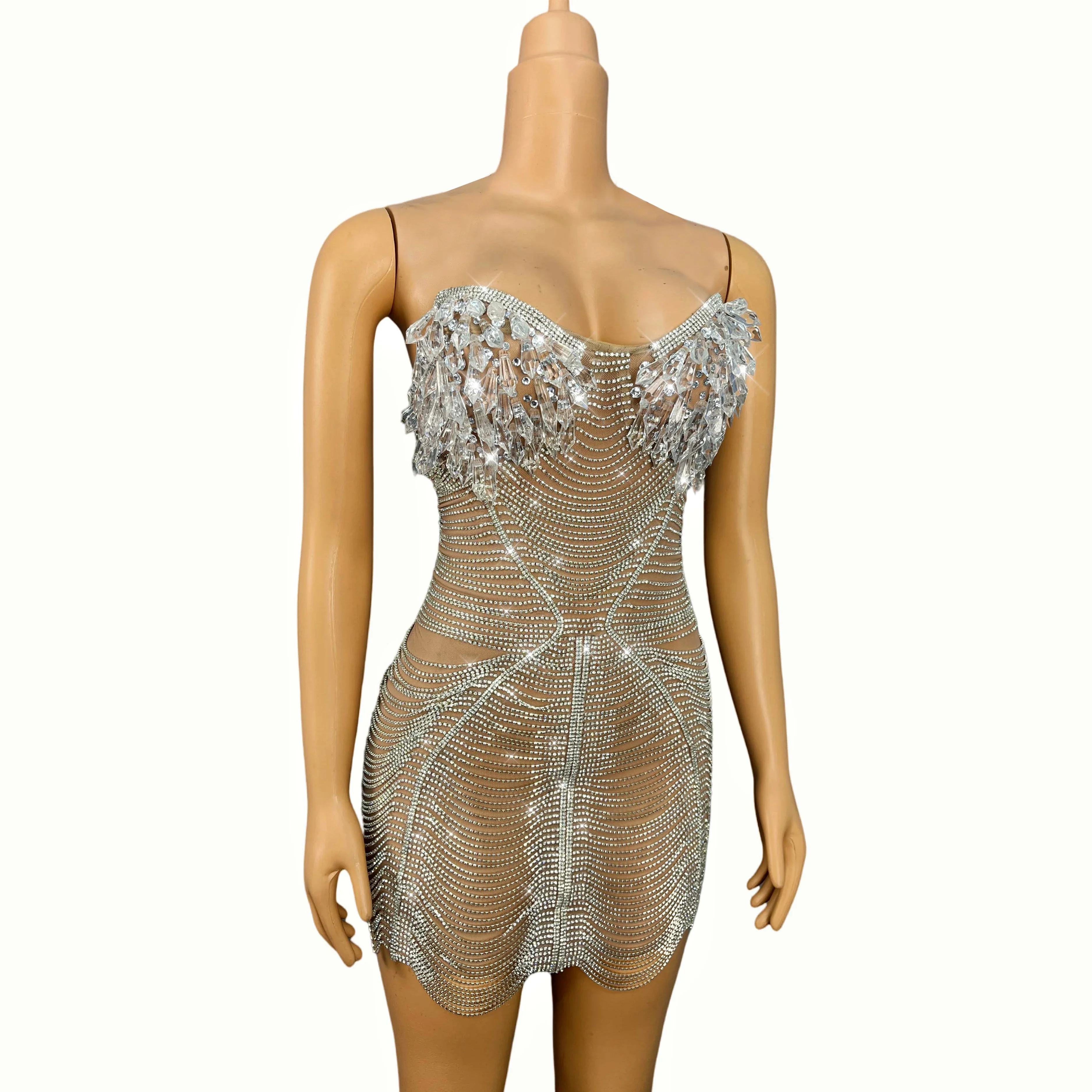 حزب الزي بلورات سلاسل مثير ضمادة أنبوب اللباس المرأة مساء السجادة الحمراء تظهر أزياء clubwear