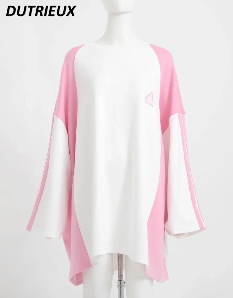 일본 광산 색상 매칭 스포츠 티셔츠 드레스 봄과 가을 새로운 달콤한 소녀 라운드 넥 긴 소매 중간 길이 풀오버