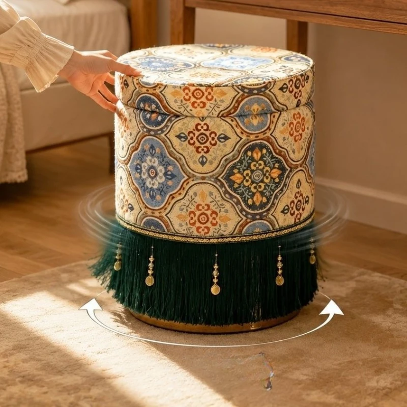 Solid wood rotating soft bag round storage stool sofa household living room low stool coffee table round stool bench shoe changi