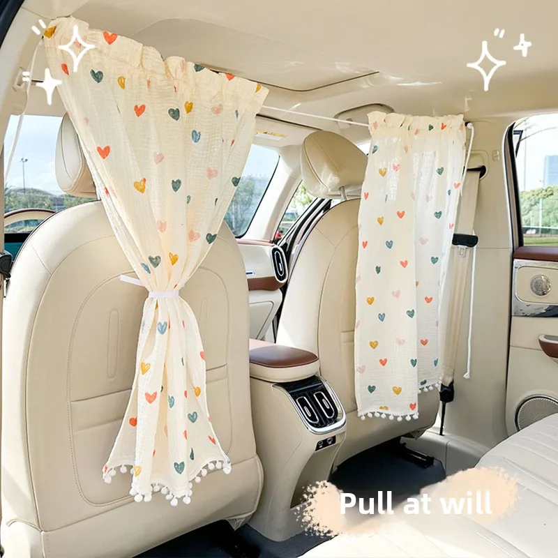 Cartoon Bear and Rabbit Car Partition Curtain, Sun-Protective Car Sunshade, Double-Layer Cotton Gauze Comfortable Car Curtain