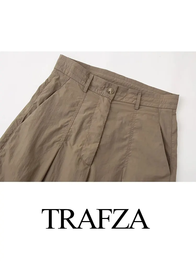 TRAFZA Women Fashion Solid Pleated Pant High Waist Zipper Fly Straight Pants 2024 Casual Vintage Khaki Y2k Trousers Woman TRAF