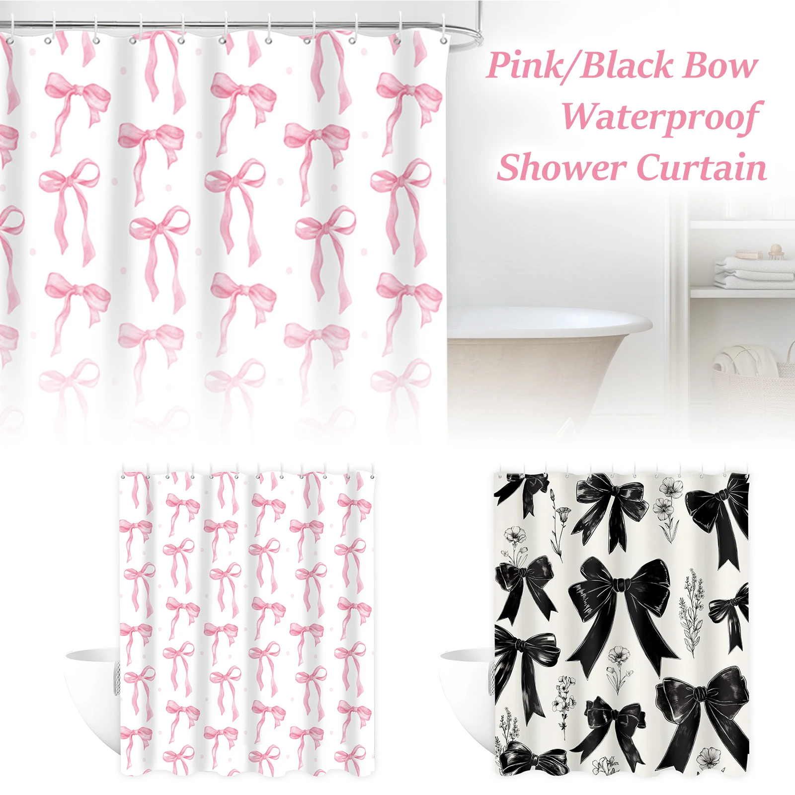 

Занавески для душа с бантом, водонепроницаемая занавеска для душа с бантом и 12 крючками, устойчивая к плесени, моющаяся, аксессуары для декора ванной комнаты