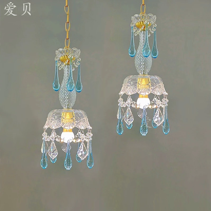 Light luxury blue dream full copper crystal chandelier ceiling romantic European French princess room bedroom bedside lamp