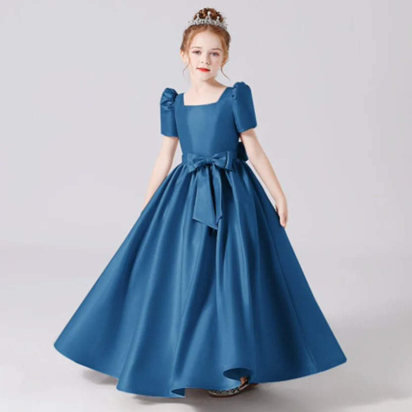 Muslimborgogna Soft Satin Girls Christmas Dress Simple maniche corte lunghezza del pavimento Junior Concert Pary Gown Birthday