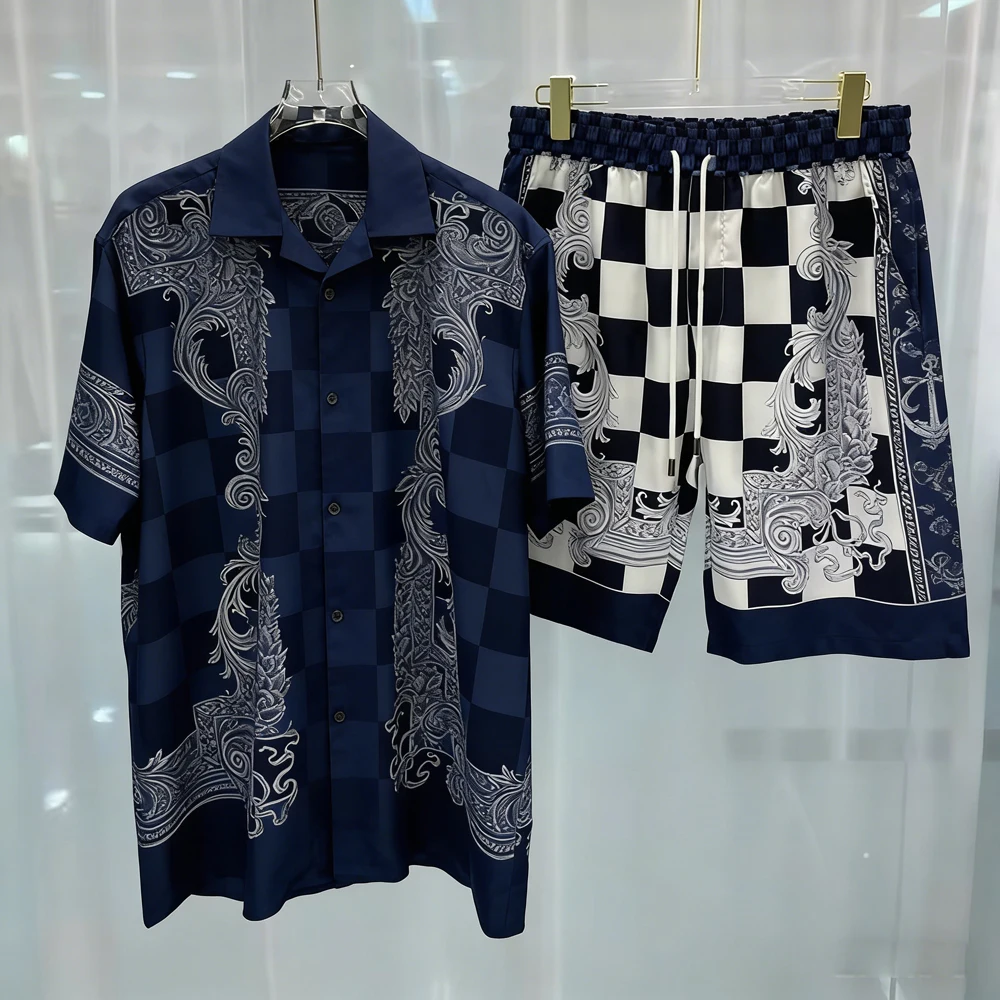 Men's Spring New Arrival Lightweight Short Sleeve Shorts Shirt Set Gingham Scroll Printed Shirt Hawaiian Vacation Clothes Men's