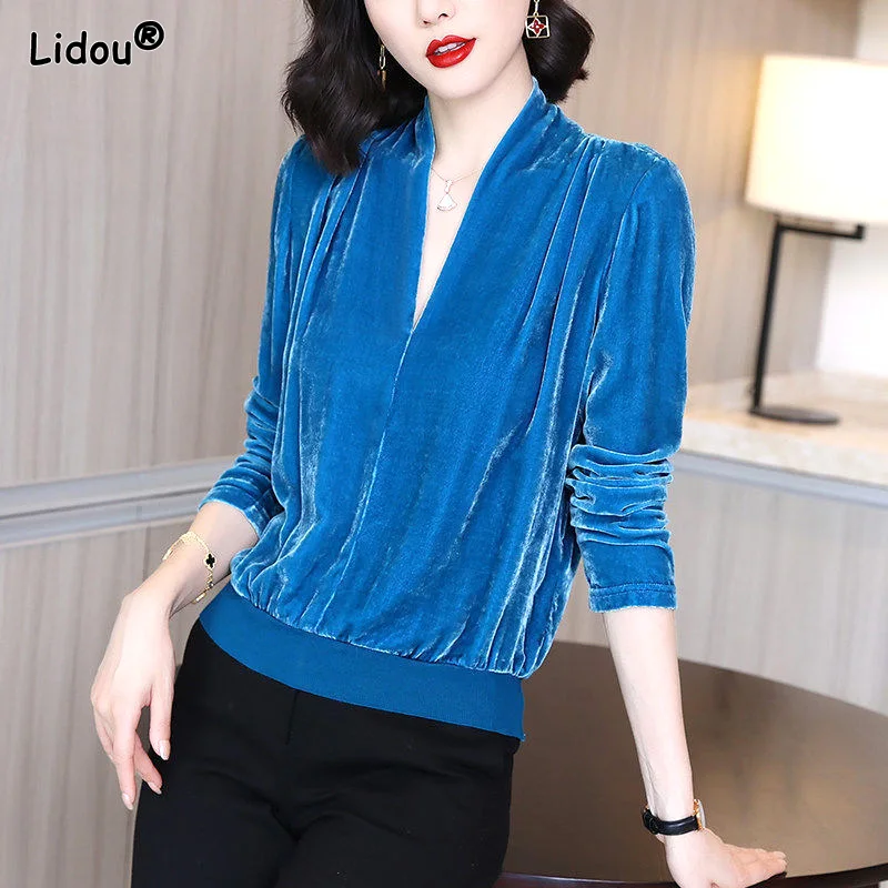 Women\'s  Clothing  2022 Corduroy Solid Vintage Elegant  Fashion Women Blouse Autumn Winter V-neck Temperament Graceful Pleated