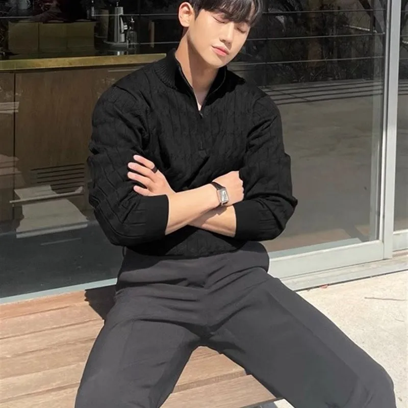 

Мужской вязаный свитер на молнии с высоким воротником, модный, универсальный, белый, удобный, повседневный, в стиле кэжуал