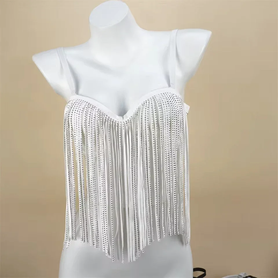 Belly Dance Costume Shiny Tassel Solid Color Splicing Wrap Summer Stage Music Festival Sexy Nightclub Dancewear