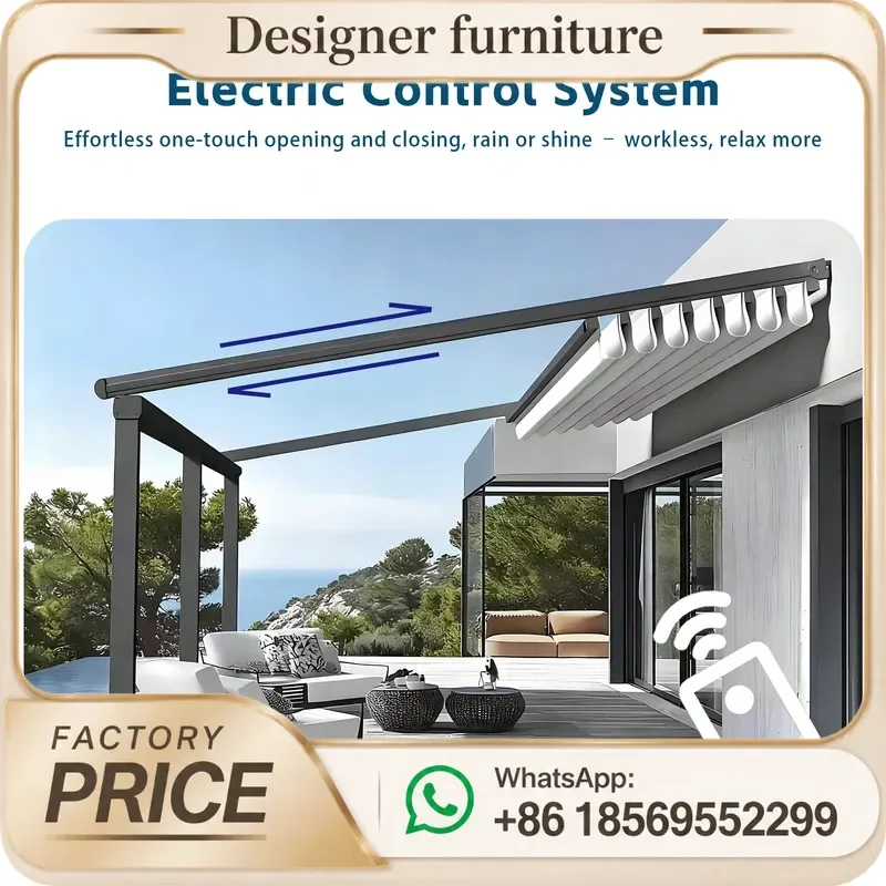 Aluminum Retractable Pergola With Glass Enclosure Waterproof Rooftop Canopy For Urban Terrace Outdoor Sun Rain Shade