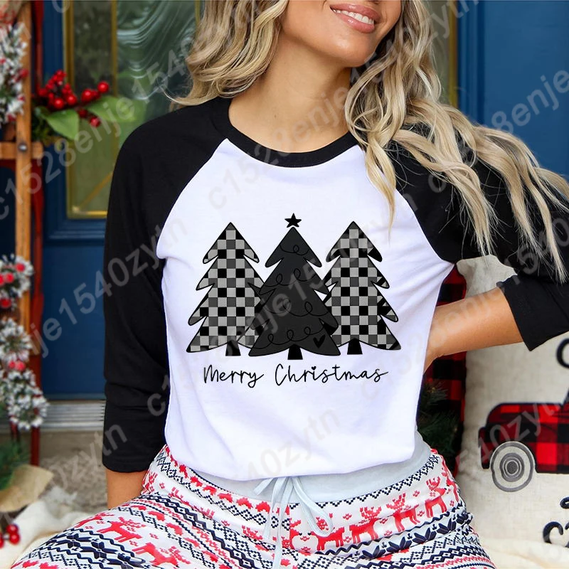 Christmas Trees Merry Christmas Print Shirts Summer Seven Sleeves T Shirt For Women Round Neck Ladies Three Quarter Sleeve Shirt