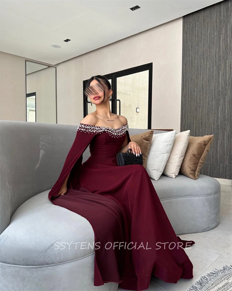 Maroon Satin A Line Evening Prom Dresses Flare Long Sleeve Crystal Beaded Boat Neck Arabic Dubai Prom Party Dress Robe De Soirée