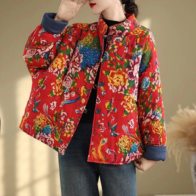 Linen Artistic Cotton Jacket For Women Autumn Winter 2024 Short Print Cotton Padded Thick Coat Retro Loose Quilted Tops a104