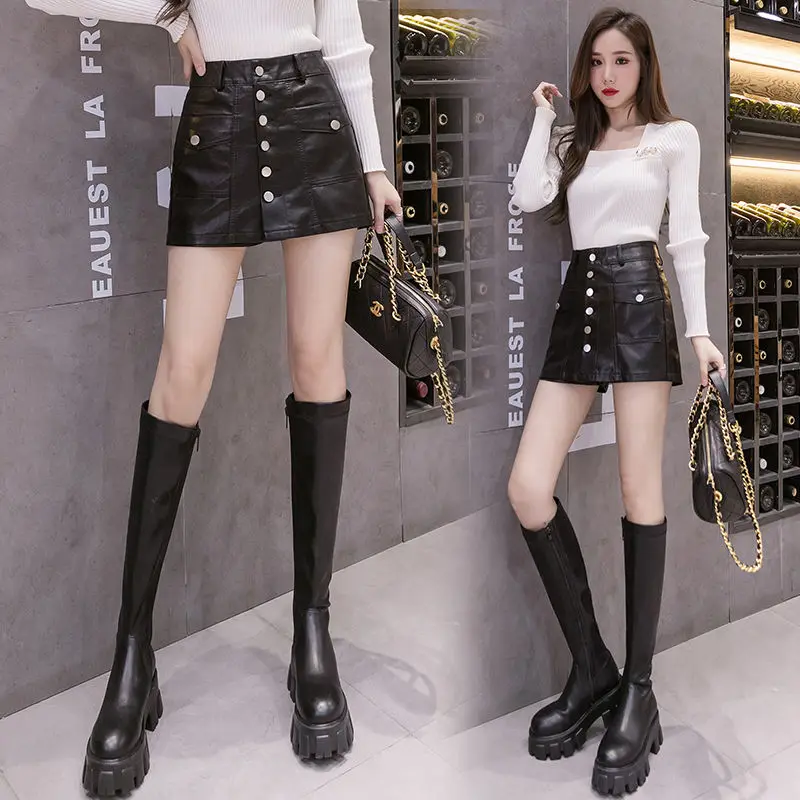 

2024 New Style For Autumn Winter High Waist Slim Front Skirt Black Pants PU Leather A-line Short With Button Women's N52