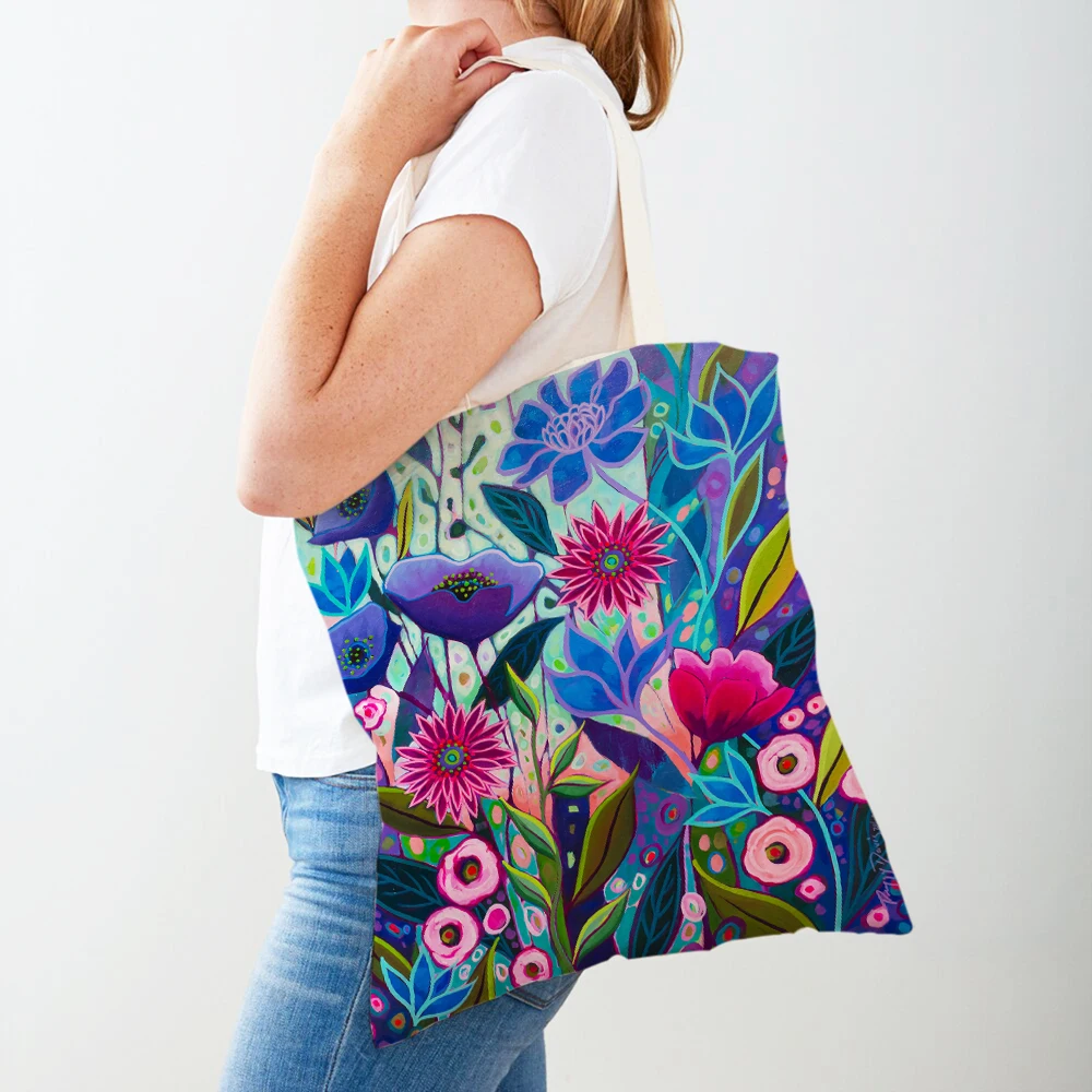 Watercolor Flower Women Casual Shopping Bags Both Sides Cartoon Floral Shopper Bag Reusable Foldable Canvas Lady Tote Handbags