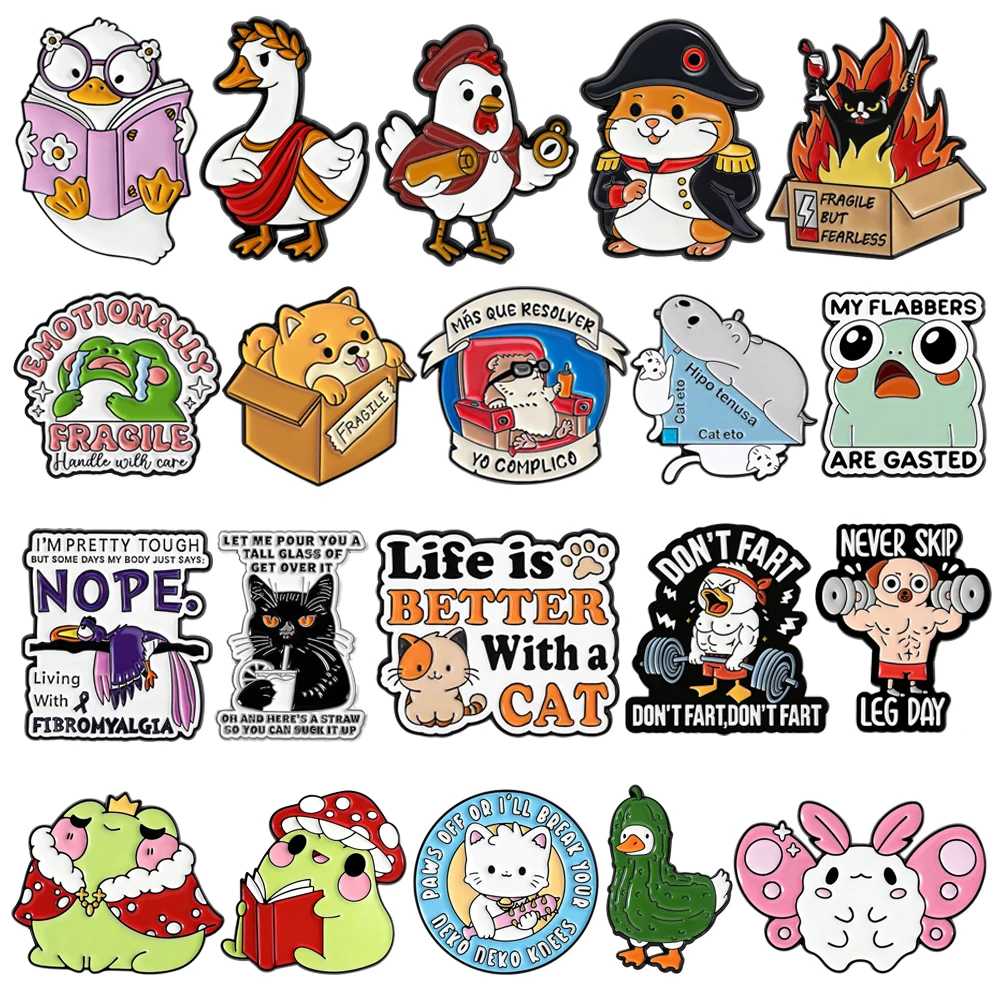 Cartoon Animal Enamel Brooch Lapel Pin Book Cat Crying Frog Hippo Butterfly Rabbit Fitness Muscle Duck Metal Badge Jewelry Gift