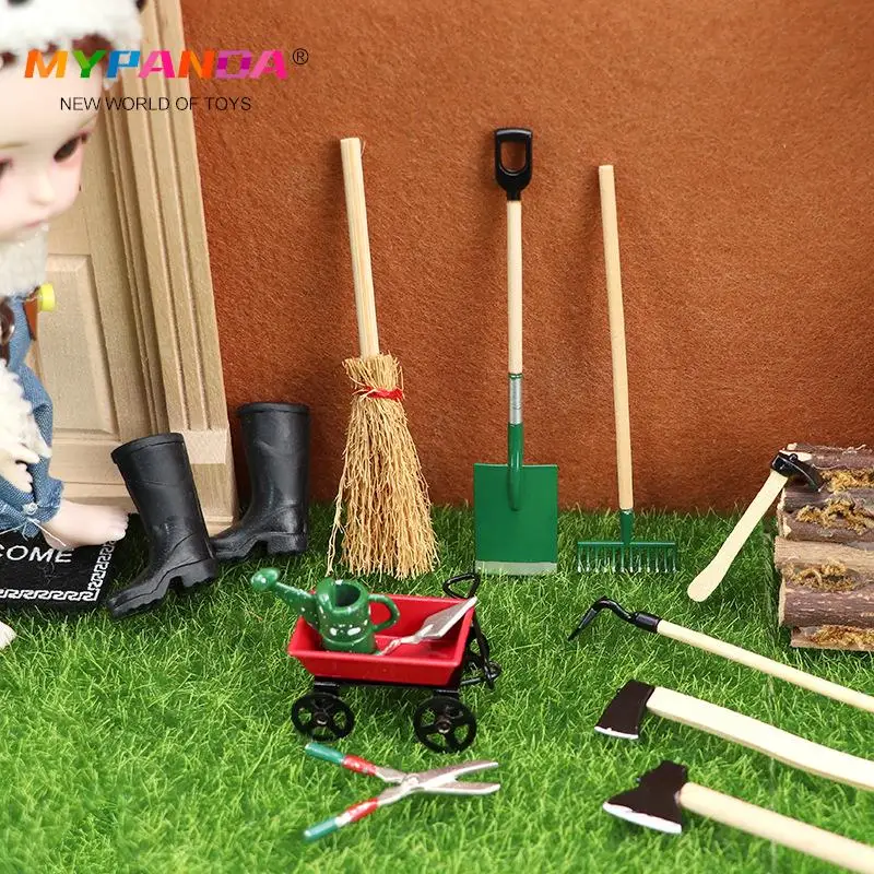 

1Set Dollhouse Miniature Farm Tool Ax Shovel Pull Cart Broom Boots Watering Can Garden Decor Toy Doll House Accessories